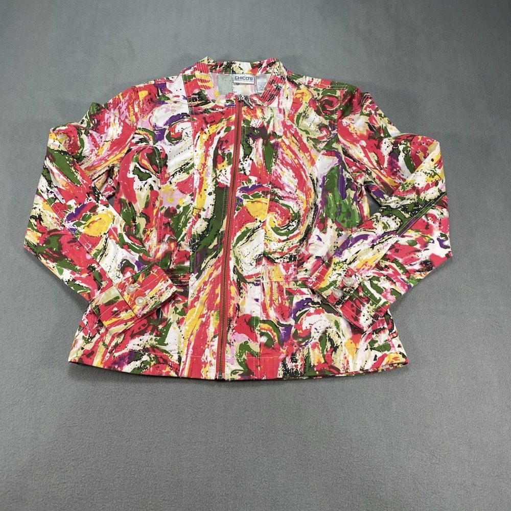 Chico's Women's Jacket Size 1 (Medium) Front Zip Bright Floral‎ Multicolor